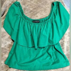 ELOUII green blouse, size 16. Off shoulder.